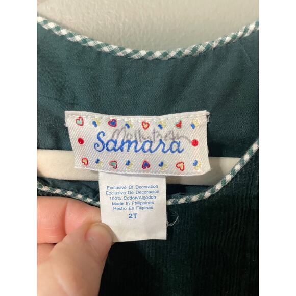 Vintage Samara Dark Green Corduroy Sleeveless Jumper Dress with Puppies. Sz 2T. - Picture 4 of 5